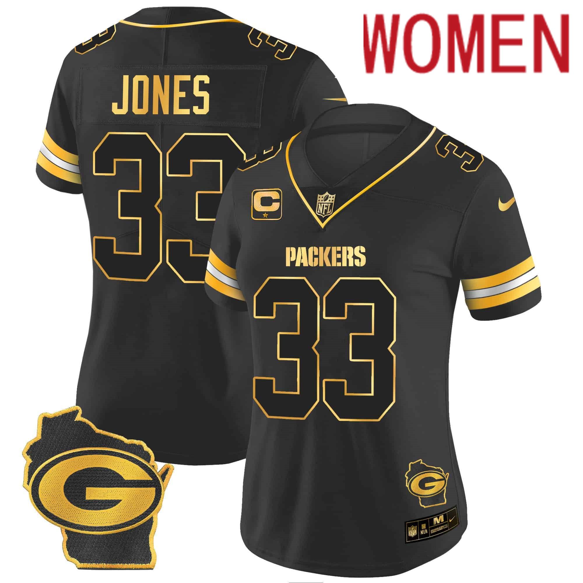 Women Green Bay Packers #33 Jones Black Gold 2024 Nike Home Patch Vapor NFL Jersey style 2